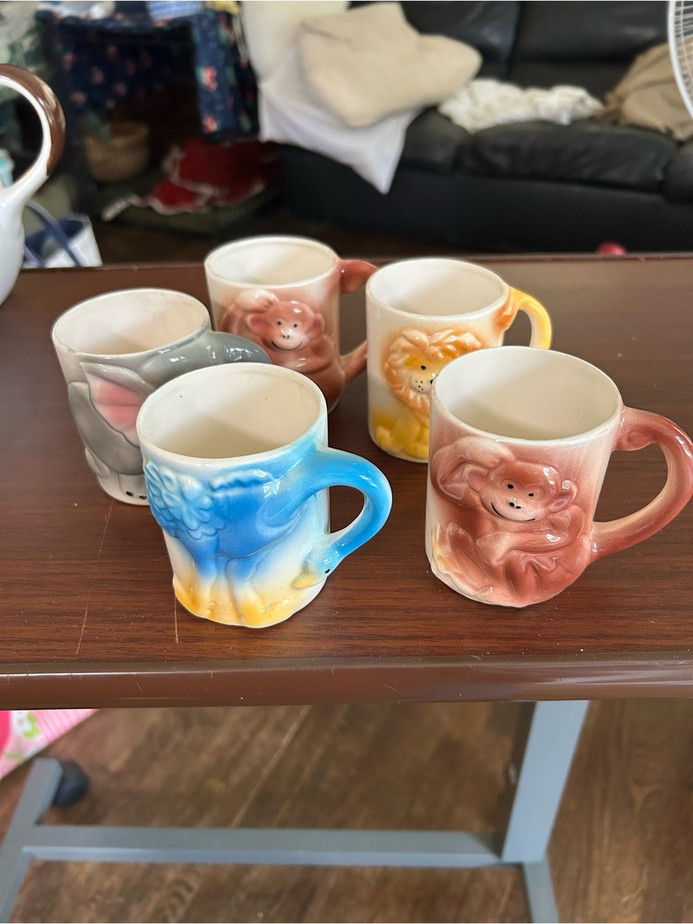 Vintage JSNY Hand-Painted Animal-Themed Ceramic Mugs - Set of 5, holds 6 oz.